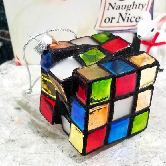 Blown Glass Rubik's Cube Christmas Ornament Puzzle Game - Picture 4 of 5